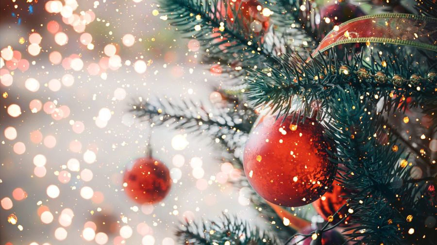 Närbild på en grangren där det hänger en röd julgranskula.