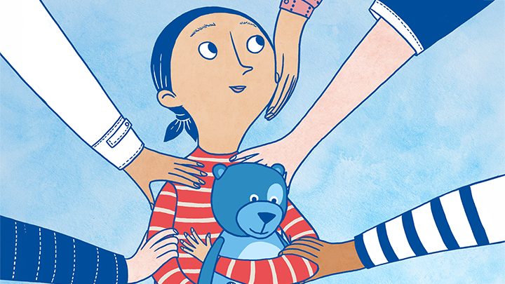 Illustration barn med en nalle i famnen och vuxna händer som håller på barnet