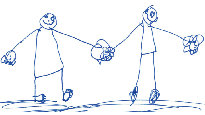 Illustration gjord av barn föreställande håller hand